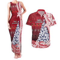 American Samoa Christmas Couples Matching Tank Maxi Dress and Hawaiian Shirt Seashell Xmas Tree Tribal Waves DT05 Red - Polynesian Pride
