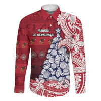 American Samoa Christmas Family Matching Puletasi and Hawaiian Shirt Seashell Xmas Tree Tribal Waves DT05 Dad's Shirt - Long Sleeve Red - Polynesian Pride