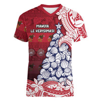 American Samoa Christmas Women V-Neck T-Shirt Seashell Xmas Tree Tribal Waves - Polynesian Pride