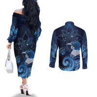 New Zealand Matariki Couples Matching Off The Shoulder Long Sleeve Dress and Long Sleeve Button Shirt Maori Tui Bird Blue Galaxy