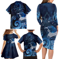 New Zealand Matariki Family Matching Long Sleeve Bodycon Dress and Hawaiian Shirt Maori Tui Bird Blue Galaxy