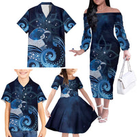 New Zealand Matariki Family Matching Off The Shoulder Long Sleeve Dress and Hawaiian Shirt Maori Tui Bird Blue Galaxy