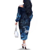 New Zealand Matariki Family Matching Off The Shoulder Long Sleeve Dress and Hawaiian Shirt Maori Tui Bird Blue Galaxy