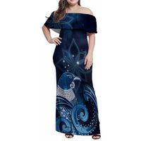 New Zealand Matariki Family Matching Off Shoulder Maxi Dress and Hawaiian Shirt Maori Tui Bird Blue Galaxy