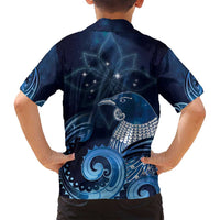 New Zealand Matariki Family Matching Off Shoulder Short Dress and Hawaiian Shirt Maori Tui Bird Blue Galaxy