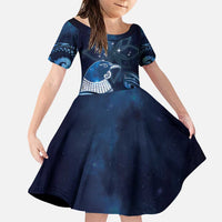 New Zealand Matariki Family Matching Puletasi and Hawaiian Shirt Maori Tui Bird Blue Galaxy DT05 Daughter's Dress Blue - Polynesian Pride