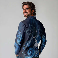 New Zealand Matariki Long Sleeve Polo Shirt Maori Tui Bird Blue Galaxy