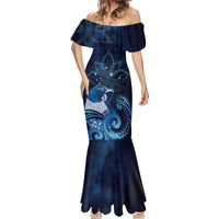 New Zealand Matariki Mermaid Dress Maori Tui Bird Blue Galaxy