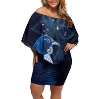 New Zealand Matariki Off Shoulder Short Dress Maori Tui Bird Blue Galaxy