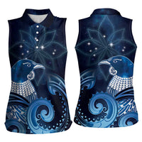 New Zealand Matariki Women Sleeveless Polo Shirt Maori Tui Bird Blue Galaxy