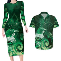 New Zealand Matariki Couples Matching Long Sleeve Bodycon Dress and Hawaiian Shirt Maori Tui Bird Green Galaxy