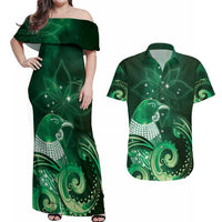 New Zealand Matariki Couples Matching Off Shoulder Maxi Dress and Hawaiian Shirt Maori Tui Bird Green Galaxy