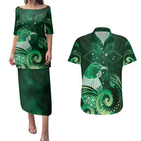 New Zealand Matariki Couples Matching Puletasi and Hawaiian Shirt Maori Tui Bird Green Galaxy