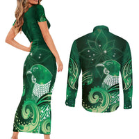 New Zealand Matariki Couples Matching Short Sleeve Bodycon Dress and Long Sleeve Button Shirt Maori Tui Bird Green Galaxy
