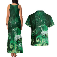 New Zealand Matariki Couples Matching Tank Maxi Dress and Hawaiian Shirt Maori Tui Bird Green Galaxy
