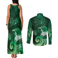 New Zealand Matariki Couples Matching Tank Maxi Dress and Long Sleeve Button Shirt Maori Tui Bird Green Galaxy