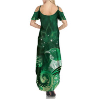 New Zealand Matariki Family Matching Summer Maxi Dress and Hawaiian Shirt Maori Tui Bird Green Galaxy