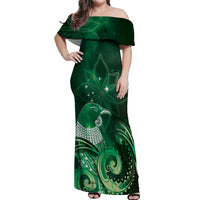 New Zealand Matariki Off Shoulder Maxi Dress Maori Tui Bird Green Galaxy