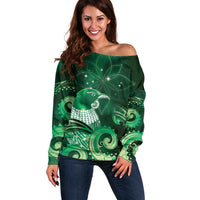 New Zealand Matariki Off Shoulder Sweater Maori Tui Bird Green Galaxy