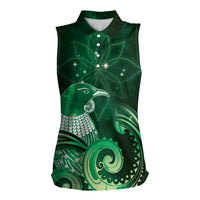 New Zealand Matariki Women Sleeveless Polo Shirt Maori Tui Bird Green Galaxy