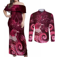New Zealand Matariki Couples Matching Off Shoulder Maxi Dress and Long Sleeve Button Shirt Maori Tui Bird Magenta Galaxy