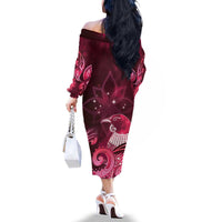 New Zealand Matariki Family Matching Off The Shoulder Long Sleeve Dress and Hawaiian Shirt Maori Tui Bird Magenta Galaxy