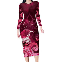 New Zealand Matariki Long Sleeve Bodycon Dress Maori Tui Bird Magenta Galaxy
