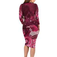 New Zealand Matariki Long Sleeve Bodycon Dress Maori Tui Bird Magenta Galaxy