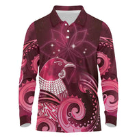 New Zealand Matariki Long Sleeve Polo Shirt Maori Tui Bird Magenta Galaxy