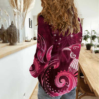 New Zealand Matariki Women Casual Shirt Maori Tui Bird Magenta Galaxy