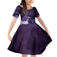 New Zealand Matariki Family Matching Off Shoulder Short Dress and Hawaiian Shirt Maori Tui Bird Purple Galaxy