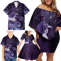 New Zealand Matariki Family Matching Off Shoulder Short Dress and Hawaiian Shirt Maori Tui Bird Purple Galaxy