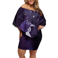 New Zealand Matariki Family Matching Off Shoulder Short Dress and Hawaiian Shirt Maori Tui Bird Purple Galaxy