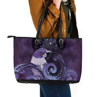 New Zealand Matariki Leather Tote Bag Maori Tui Bird Purple Galaxy DT05 - Polynesian Pride
