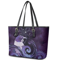 New Zealand Matariki Leather Tote Bag Maori Tui Bird Purple Galaxy DT05 - Polynesian Pride