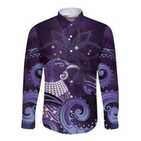 New Zealand Matariki Long Sleeve Button Shirt Maori Tui Bird Purple Galaxy DT05 Unisex Purple - Polynesian Pride