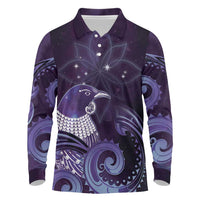 New Zealand Matariki Long Sleeve Polo Shirt Maori Tui Bird Purple Galaxy