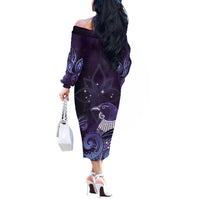 New Zealand Matariki Off The Shoulder Long Sleeve Dress Maori Tui Bird Purple Galaxy
