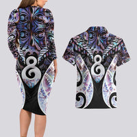 New Zealand Aotearoa Couples Matching Long Sleeve Bodycon Dress and Hawaiian Shirt Pikorua Single Twist Pink Paua Shell