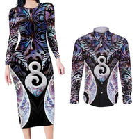 New Zealand Aotearoa Couples Matching Long Sleeve Bodycon Dress and Long Sleeve Button Shirt Pikorua Single Twist Pink Paua Shell