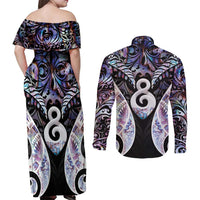 New Zealand Aotearoa Couples Matching Off Shoulder Maxi Dress and Long Sleeve Button Shirt Pikorua Single Twist Pink Paua Shell DT05 - Polynesian Pride