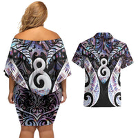 New Zealand Aotearoa Couples Matching Off Shoulder Short Dress and Hawaiian Shirt Pikorua Single Twist Pink Paua Shell