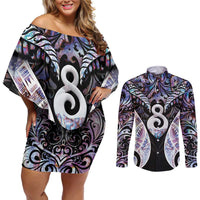 New Zealand Aotearoa Couples Matching Off Shoulder Short Dress and Long Sleeve Button Shirt Pikorua Single Twist Pink Paua Shell DT05 Pink - Polynesian Pride