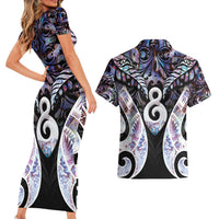 New Zealand Aotearoa Couples Matching Short Sleeve Bodycon Dress and Hawaiian Shirt Pikorua Single Twist Pink Paua Shell