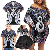 New Zealand Aotearoa Family Matching Off Shoulder Short Dress and Hawaiian Shirt Pikorua Single Twist Pink Paua Shell