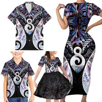 New Zealand Aotearoa Family Matching Short Sleeve Bodycon Dress and Hawaiian Shirt Pikorua Single Twist Pink Paua Shell
