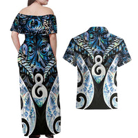 New Zealand Aotearoa Couples Matching Off Shoulder Maxi Dress and Hawaiian Shirt Pikorua Single Twist Green Paua Shell