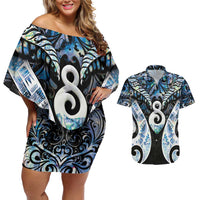 New Zealand Aotearoa Couples Matching Off Shoulder Short Dress and Hawaiian Shirt Pikorua Single Twist Green Paua Shell
