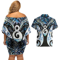 New Zealand Aotearoa Couples Matching Off Shoulder Short Dress and Hawaiian Shirt Pikorua Single Twist Green Paua Shell