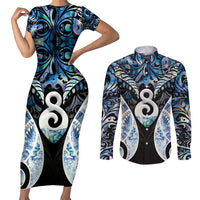 New Zealand Aotearoa Couples Matching Short Sleeve Bodycon Dress and Long Sleeve Button Shirt Pikorua Single Twist Green Paua Shell